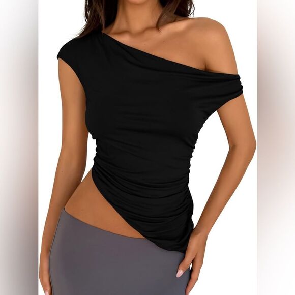 Womens Off The Shoulder Sleeveless One Shoulder Ruched Asymmetrical Y2K crop top - Picture 1 of 10